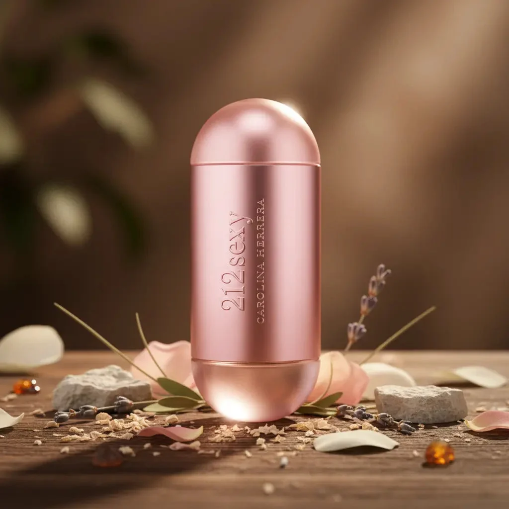 Frasco rosé de 212 Sexy, Carolina Herrera, sobre madeira com flores